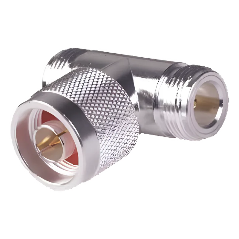 Adaptador en T, de Conector N Macho a Doble N Hembra, Plata/ Oro/ Teflón. RF INDUSTRIES,LTD RFN-1010-1