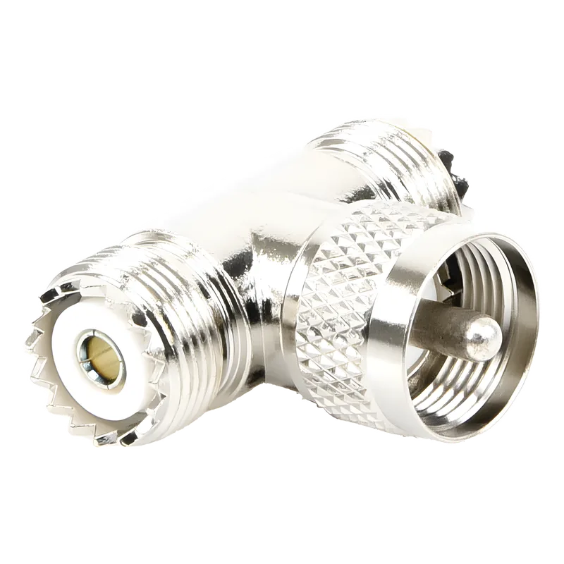 Adaptador en forma T, de Conector UHF Macho (PL-259) a Doble UHF Hembra (SO-239), Níquel/ Plata/ Delrin. RF INDUSTRIES,LTD RFU-533