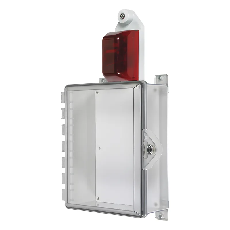 Gabinete Pequeño de Policarbonato Transparente Súper Resistente con Sirena/Estrobo y Cerradura Manual STI STI-7525