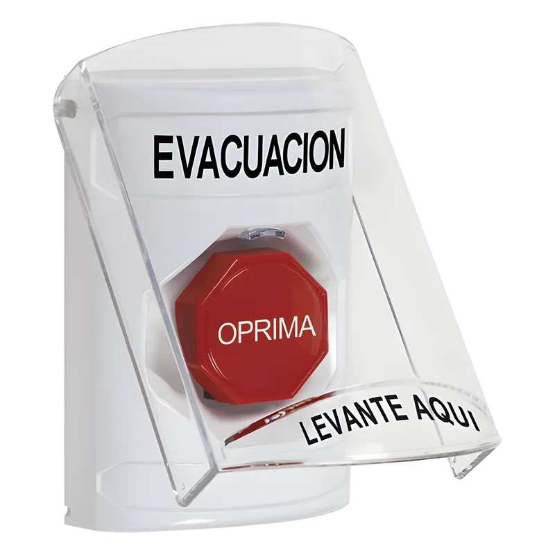 Botón de Evacuación, Texto en Español, Tapa Protectora de Policarbonato Súper Resistente, Restablecimiento con Llave STI SS2322EV-ES