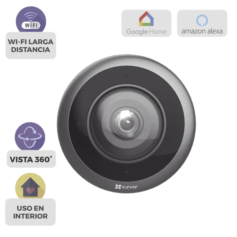 Cámara WiFi Panorámica Fisheye 360° / Resolución 3K+ / Visión Nocturna IR 10m / Detección IA Humana / Doble Banda 2.4-5GHz / Audio Bidireccional / Almacenamiento MicroSD 512GB / H.265 EZVIZ CS-E4P