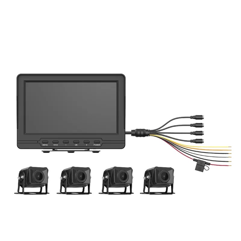 Sistema de Monitoreo Local / 4 Cámaras 1080p para Exterior (IP68) y Pantalla LCD de 7" a Color / Soporta Memoria Micro SD Hasta 512 GB / Soporta Cambio de Cámara al Dar Reversa al Vehiculo / Accesorios de Instalación HIKVISION AE-VD2501A-A