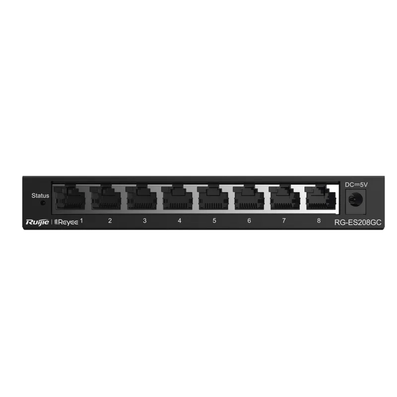 Switch Administrable Gigabit / 8 Puertos 10/100/1000BASE-T / Capa 2 / Switching 16 Gbps / Forwarding 11.9 Mpps / Gestión Cloud Ruijie Gratuita / Modo CCTV con Transmisión 250 m (820 ft) / Prevención de Bucles Automática / Diseño Fanless RG-ES208GC