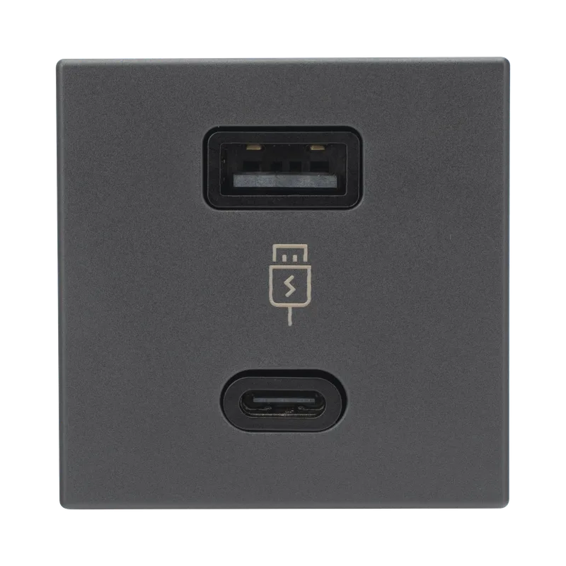 Módulo Doble USB Tipo A+C / Carga Rápida 30W / Color Negro / Compatible con Torres y Cajas Simon / Modelo: (K126F/14) SM-2USB-N
