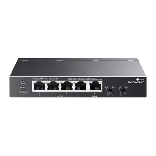 Switch Omada Smart de 5 puertos Gigabit - 1 entrada PoE++ y 4 salidas PoE+ para exterior Negro TL-SG1005P-PD