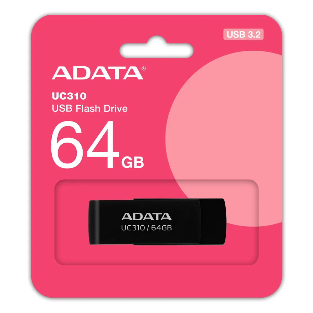 Memoria USB de 64GB UR310 3.2 Gen 1 (retro compatible 3.0 y 2.0) - diseño material reciclado sin tapa. NEGRO. UC310-64G-RBK ADATA 64 GB