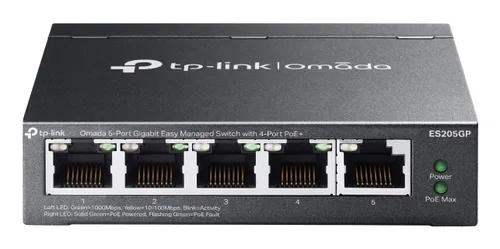 Switch Gestionado 5 Puertos Gigabit / 4 Puertos PoE+ 802.3at/af / 65W Power Budget / Gestión Cloud Omada SDN / Sin Ventiladores / QoS / VLAN TP-LINK ES205GP
