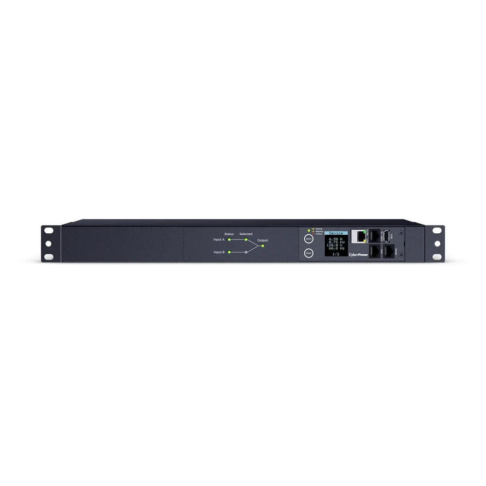 PDU ATS (Fuente Redundante Auto-transferible) Monitoreable, Para Distribución de Energía, 2 Entradas 120 Vca NEMA5-15P, Con 10 Salidas NEMA 5-15R, Horizontal 19in, 1UR CYBERPOWER PDU44001