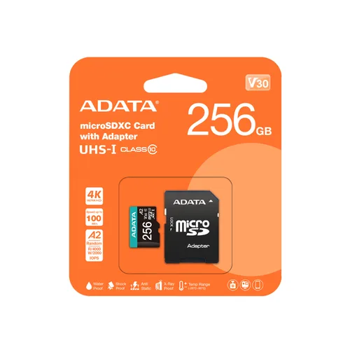 Micro Secure Digital ADATA AUSDX256GUI3V30SA2-RA1 - 256 MB, Negro, Clase 10 256 GB