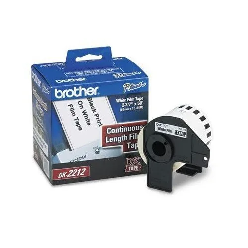 Etiqueta blanca plástica continua no laminada Brother DK2212 de 62 mm de ancho x 15.2 mts de largo. Impresión en negro. QL800 / QL810W / QL1110NWB