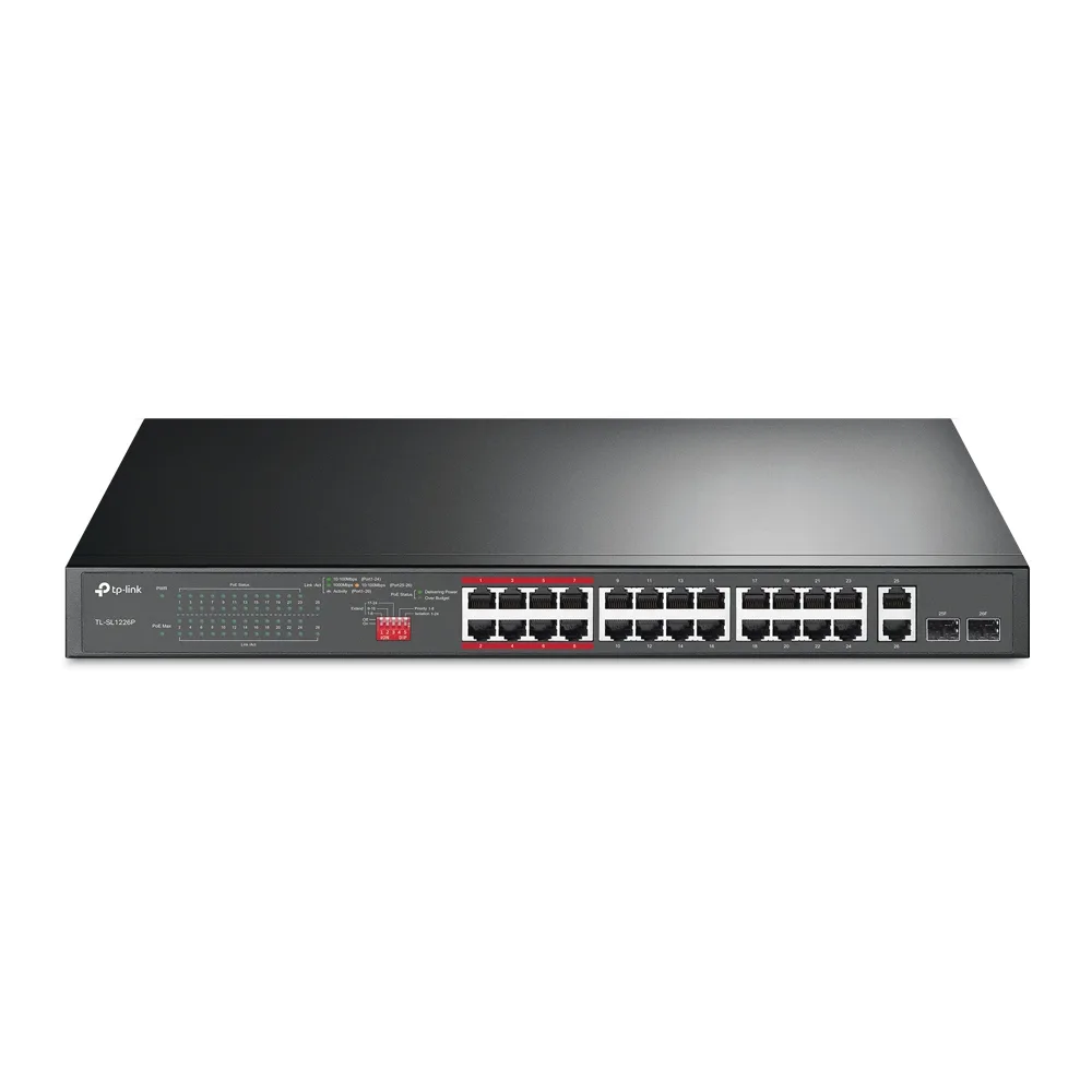 Switch No Administrable 24 Puertos PoE+ 10/100 Mbps / 2 Puertos 10/100/1000 Mbps + 2 Puertos SFP (combo) / Modo Prioridad de Tráfico / Modo Aislamiento de Red / Presupuesto PoE de 250 W / Diseño para Ideal para Vigilancia IP TP-LINK TL-SL1226P