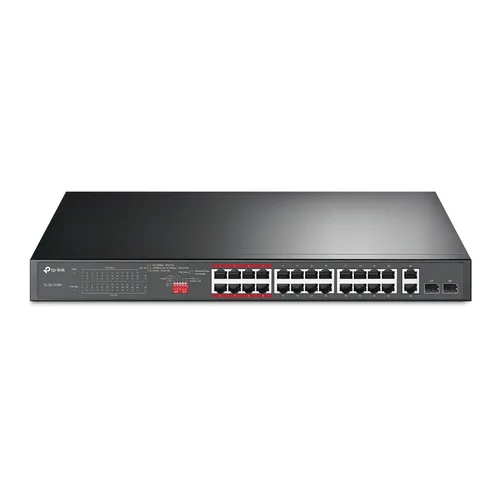 Switch No Administrable 24 Puertos PoE+ 10/100 Mbps / 2 Puertos 10/100/1000 Mbps + 2 Puertos SFP (combo) / Modo Prioridad de Tráfico / Modo Aislamiento de Red / Presupuesto PoE de 250 W / Diseño para Ideal para Vigilancia IP TP-LINK TL-SL1226P