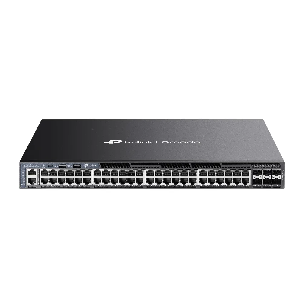 Switch L3 Gestionable Apilable / 48 Puertos Gigabit PoE+ / 6 Ranuras 10G SFP+ / Presupuesto PoE Hasta 1440W / Apilamiento Físico hasta 8 Unidades / Enrutamiento Dinámico OSPF / Gestión Cloud Omada SDN TP-LINK SG6654XHP