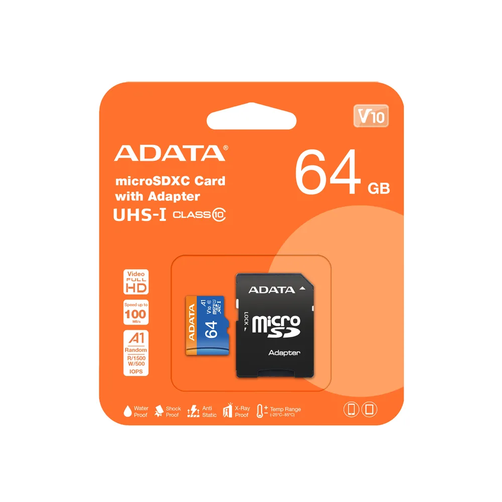Micro SD ADATA AUSDX64GUICL10A1-RA1 - 64 GB, 100 MB/s, 25 MB/s, Negro, Clase 10 PREMIER (A1 V10)