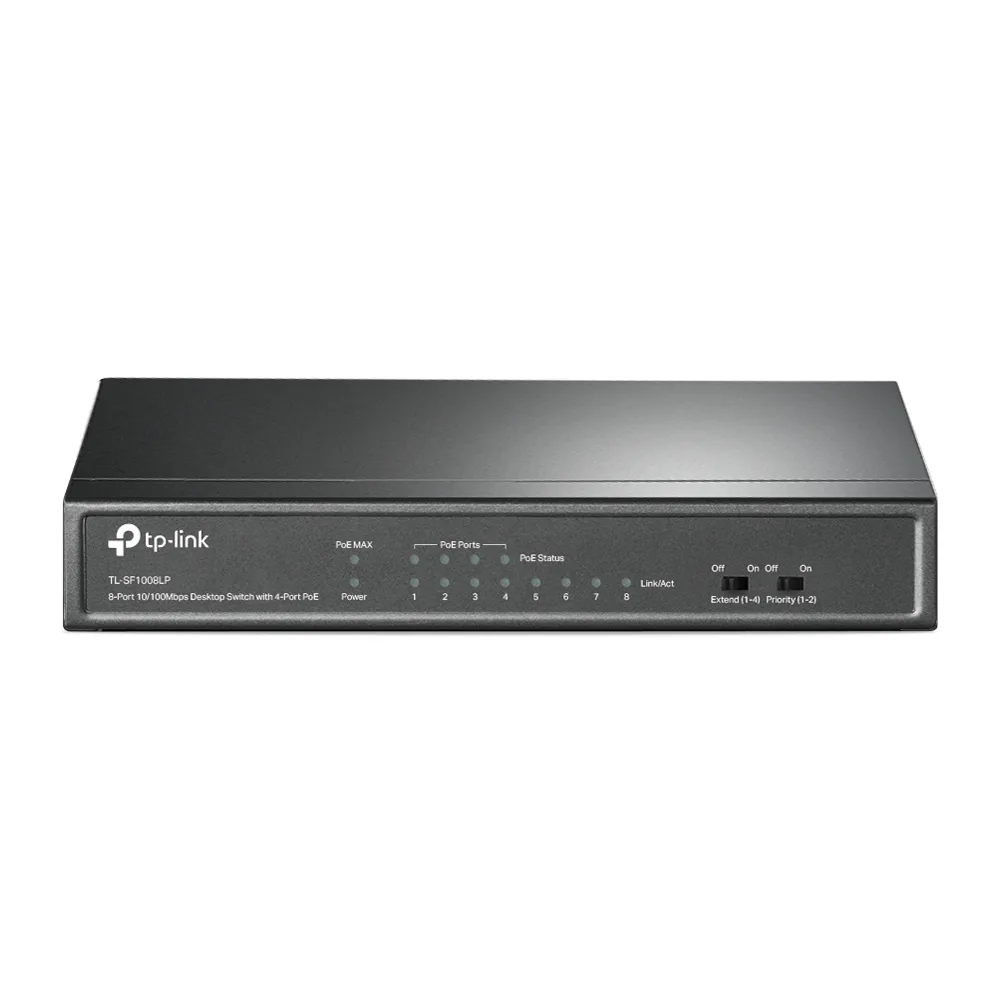 Switch PoE No Administrable de Escritorio / 8 puertos 10/100 Mbps / 4 puertos PoE af / Presupuesto 41 W / Modo extensor PoE hasta 250 metros / Calidad video prioritaria TP-LINK TLSF1008LP