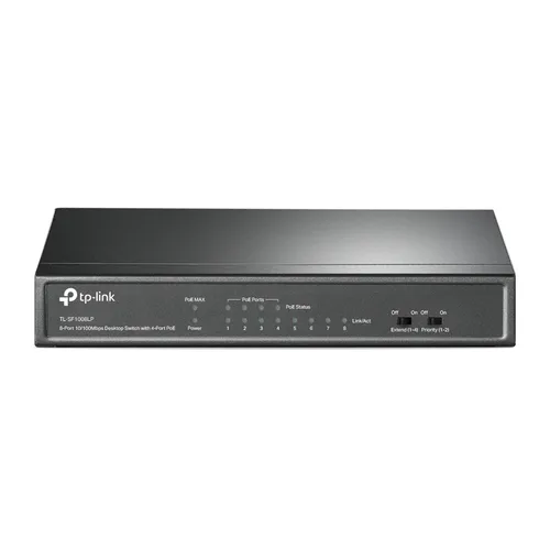 Switch PoE No Administrable de Escritorio / 8 puertos 10/100 Mbps / 4 puertos PoE af / Presupuesto 41 W / Modo extensor PoE hasta 250 metros / Calidad video prioritaria TP-LINK TLSF1008LP