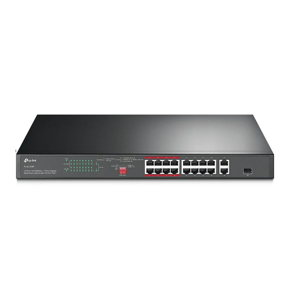 Switch PoE+ no Administrable 16 puertos 10/100 Mbps + 2 puertos 10/100/1000 Mbps + 1 puerto SFP, 8 puertos Extensor PoE (hasta 250 m), 150W, diseño para Vigilancia IP TP-LINK TL-SL1218P