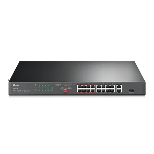 Switch PoE+ no Administrable 16 puertos 10/100 Mbps + 2 puertos 10/100/1000 Mbps + 1 puerto SFP, 8 puertos Extensor PoE (hasta 250 m), 150W, diseño para Vigilancia IP TP-LINK TL-SL1218P
