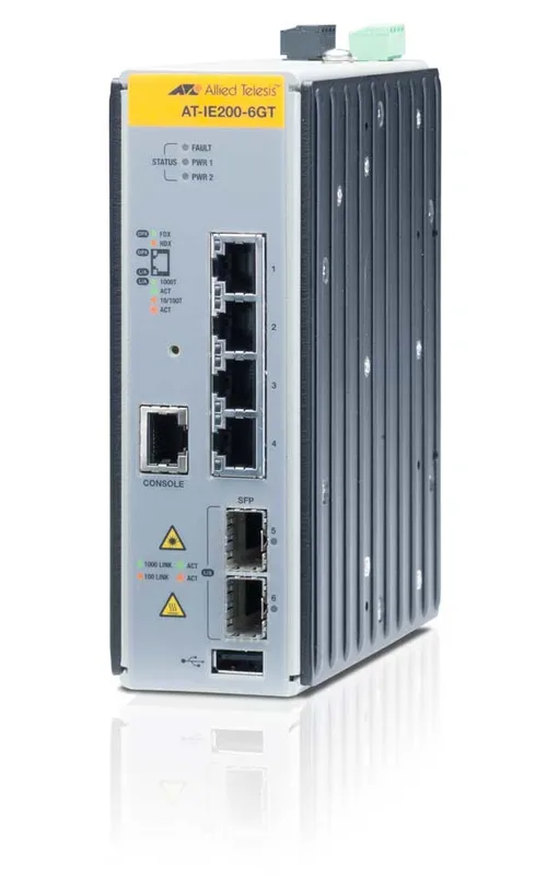 Switch Industrial Administrable Capa 2 de 4 Puertos 10/100/1000 Mbps + 2 Puertos SFP ALLIED TELESIS AT-IE200-6GT-80