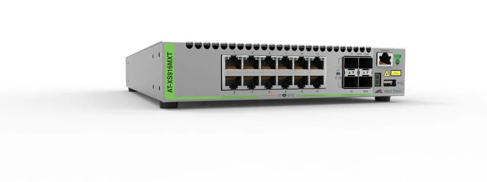 Switch Capa 3 Stackeable 10 Gigabit , 12 puertos 100/1000/10G Base-T (RJ-45) y 4 puertos SFP/SFP+ 10G ALLIED TELESIS AT-XS916MXT-10