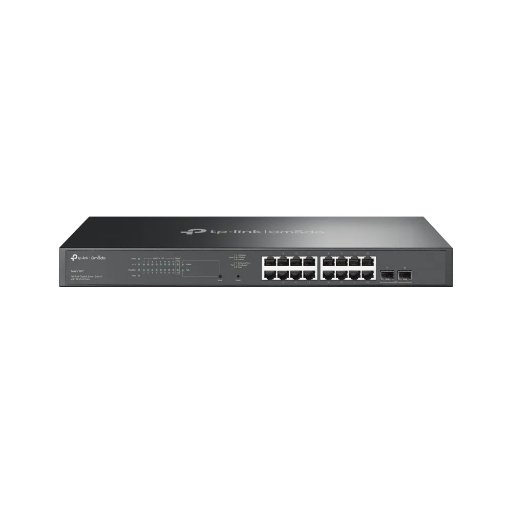 Switch Smart Omada 18 Puertos Gigabit / 16 Puertos PoE+ 802.3af/at / 2 Ranuras SFP Gigabit / Presupuesto PoE 150 W / Switching 36 Gbps / Enrutamiento Estático L2+ / Gestión Cloud SDN / Fanless / Montable en Rack TP-LINK SG2218P