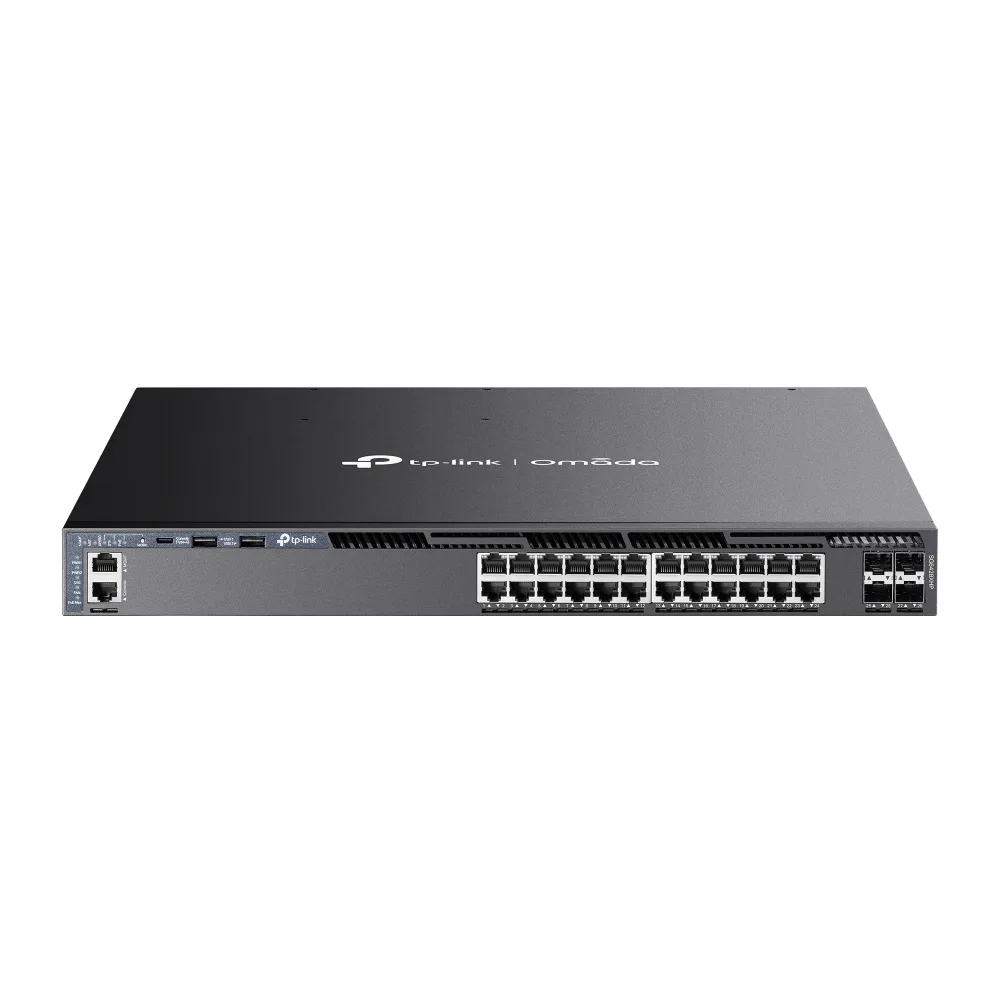 Switch L3 Gestionable PoE+ / 24 Puertos Gigabit / 4 Slots 10G SFP+ / Stackable / Presupuesto PoE 720W / Gestión Cloud Omada SDN / Redundancia de Alimentación TP-LINK SG6428XHP