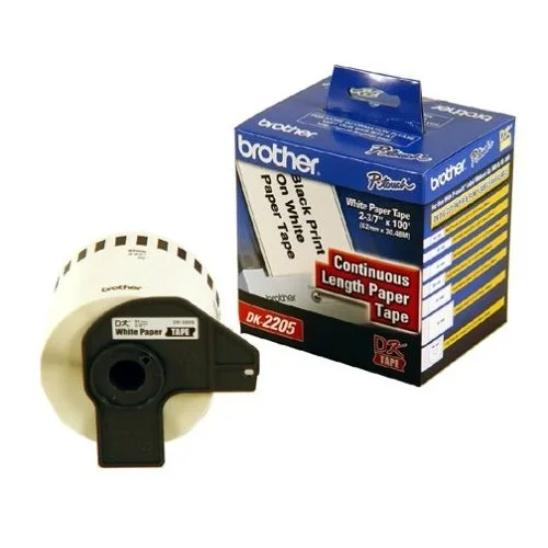 Etiqueta blanca continua de papel Brother DK2205 de 62 mm de ancho x 30.4 mts de largo. Impresión en negro. QL800 / QL810W / QL1110NWB Térmica directa