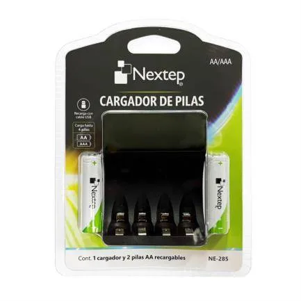 Cargador de Pilas Nextep NE-285 AA/AAA Incluye 2 pilas AA Recarga con cable USB Carga simultáneamente hasta 4 pilas incluye 2 pilas AA