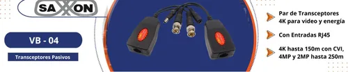 SAXXON VB-04 - Par de transceptores 4K para video y energía - con entradas RJ45, 4K hasta 150m con CVI, 4MP y 2MP hasta 250m RJ-45 VB-04