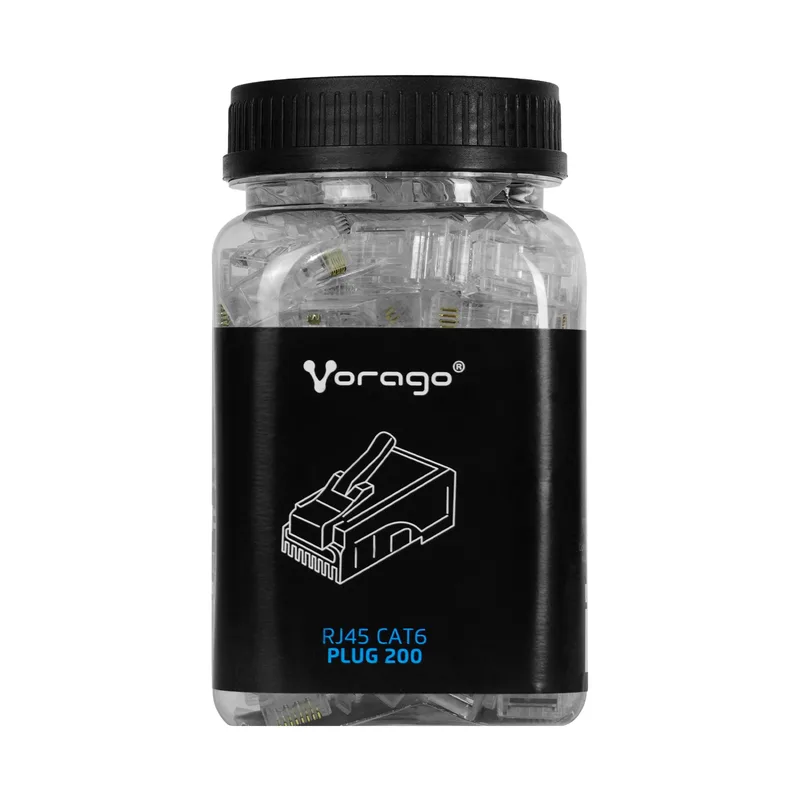 Plug Categoría 6 Vorago (PLUG-200). Conector RJ-45 - Macho/Hembra, color. Transparente, Cat6, 100 piezas