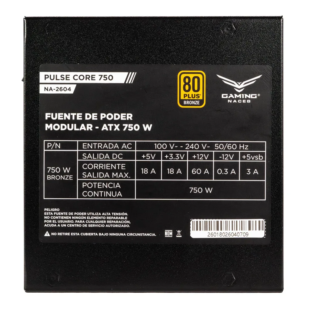 Fuente de poder Pulse Bronze NA-2604 Potencia de 750W (650W reales) - Certificación 80 Plus Bronze con eficiencia de 95, Compatible con Windows y Mac