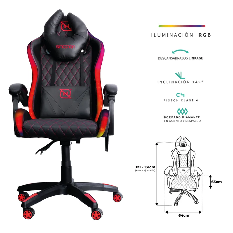 Silla Gamer RGB Inclinacion Respaldo 145 Clase 4 140-150KG NSG-RGB1 Foam 350MM 63CM*64CM*121-131CM Cojin Lumbar Y Cabeza Negro/rojo NECNON NSG-RGB-1