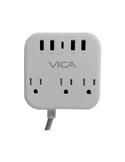 Centro de carga 7P VICA para protección contra sobretensiónes - 3 tomas con supresor de picos NEMA 5-15R, 4 puertos USB-A y 1 puerto USB-C Blanco SUP