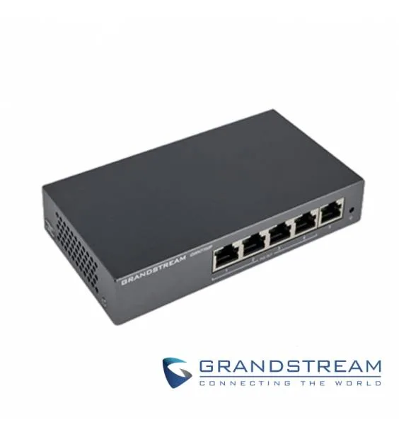 Switch No administrable - 5 puertos Gigabit, 4 puertos PoE 802.3 af/at, 30W máximo por pto., gabinete metálico para escritorio o pared Grandstream