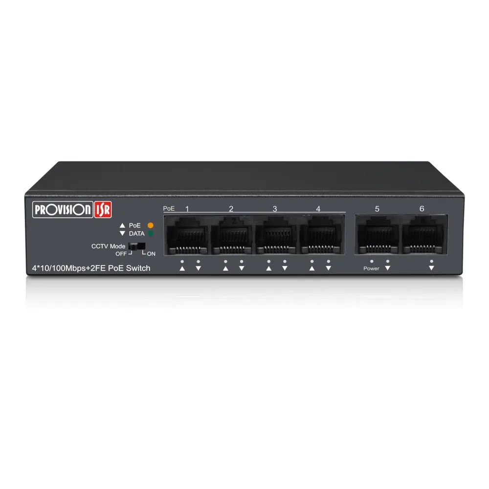 Switch PoE de 4 canales - Total power 60W, en modo CCTV puedes conectar cámaras IP hasta 250 mts PROVISION-ISR POES-0460C+2I-V2